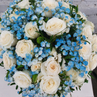 Букет_Кустовые розы с голубой гипсофилой в ящике Букет_Кустовые розы с голубой гипсофилой в ящике