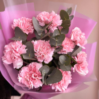Букет_9 розовых гвоздик с эвкалиптом Букет_9 розовых гвоздик с эвкалиптом